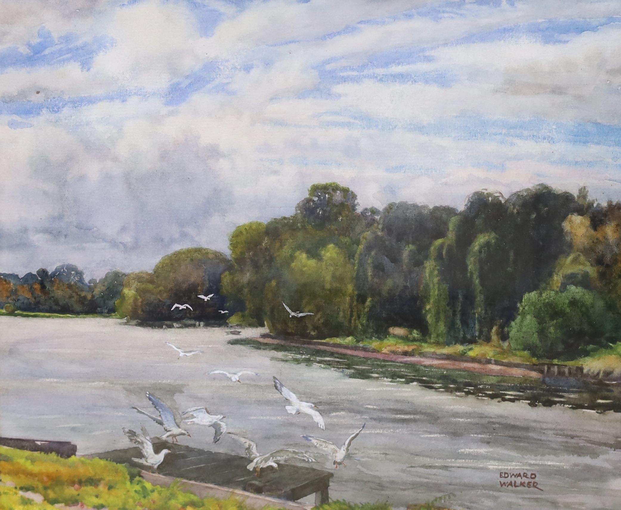 Edward Walker, (1879-1955), watercolour, 'The Thames, near Teddington', signed, Abbot & Holder label verso, 25 x 30cm